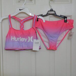 NWT 2pc Hurley Pink Purple Swimsuit White Logo sz XL